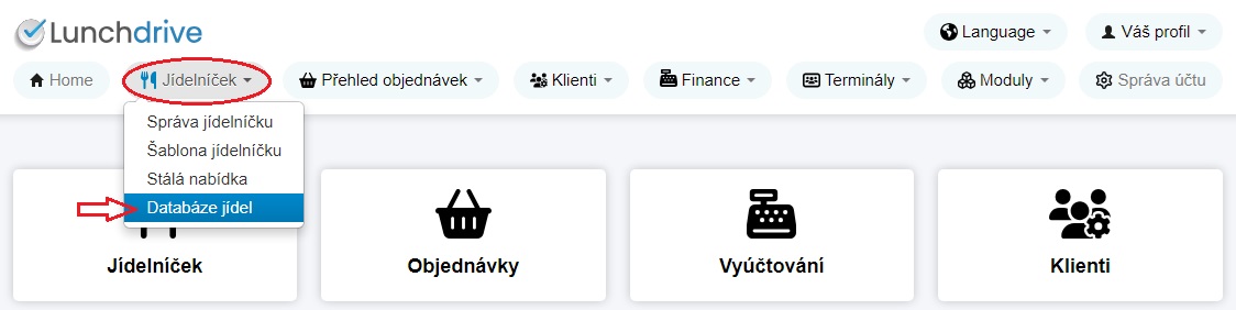 Původní vzhled: nabídka Jídelníček s vybranou položkou Databáze jídel