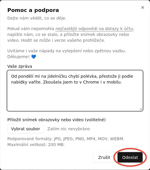 Okno Pomoc a podpora s vyplněnou zprávou, polem na přílohu a tlačítkem Odeslat