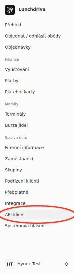 Levý panel nového vzhledu u správce klientské firmy, položka API klíče v části Správa účtu