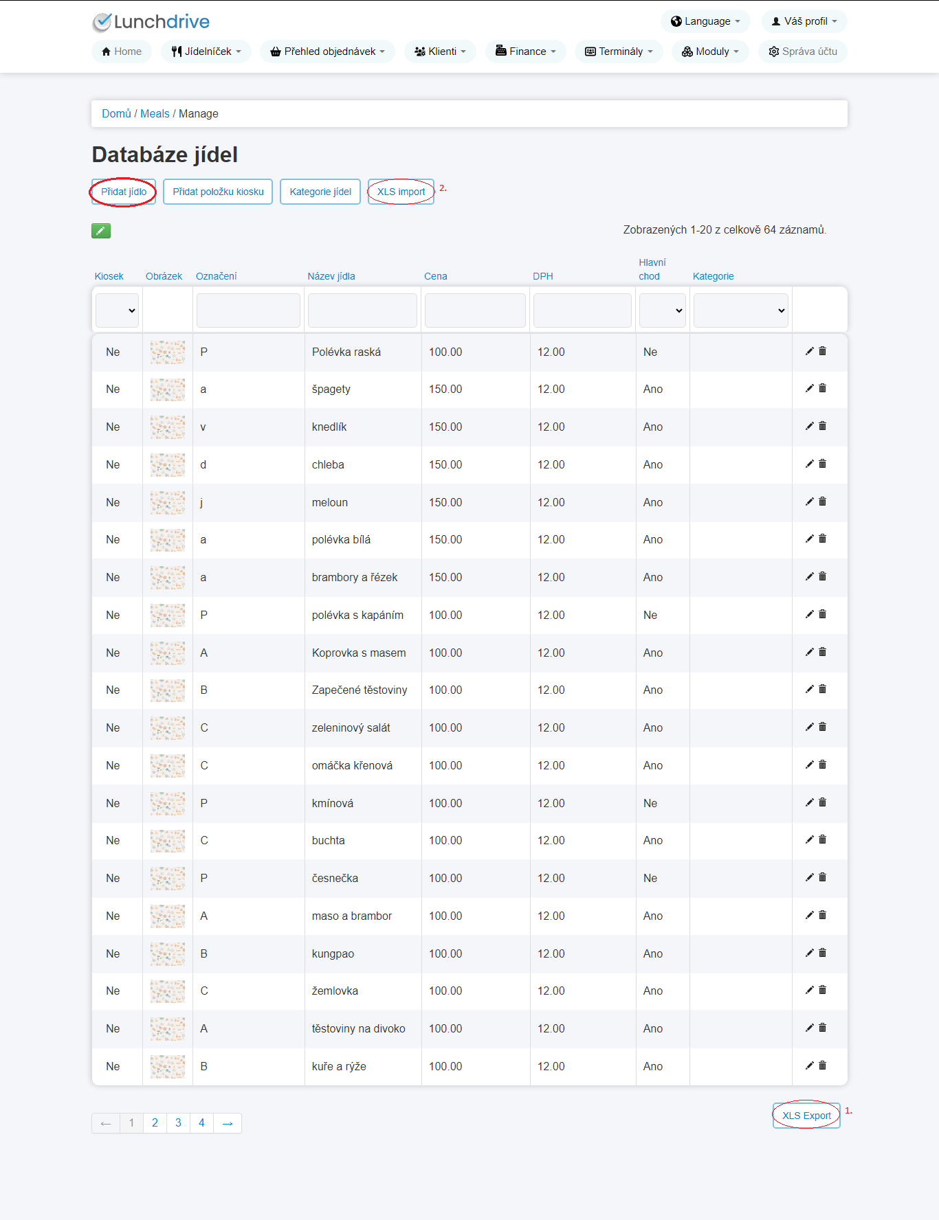 Původní vzhled obrazovky Databáze jídel s tlačítky Přidat jídlo, XLS import a XLS Export