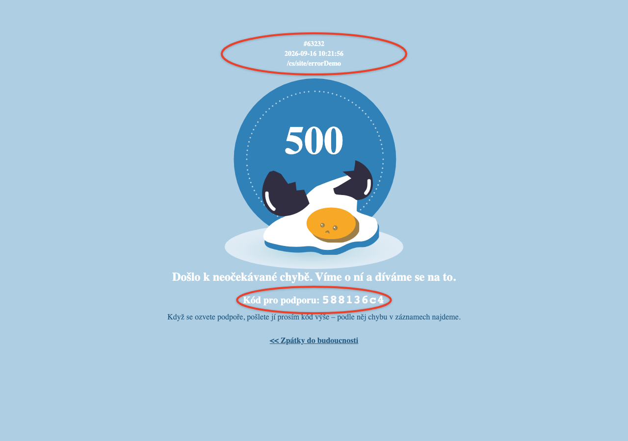 Chybová stránka s kódem pro podporu