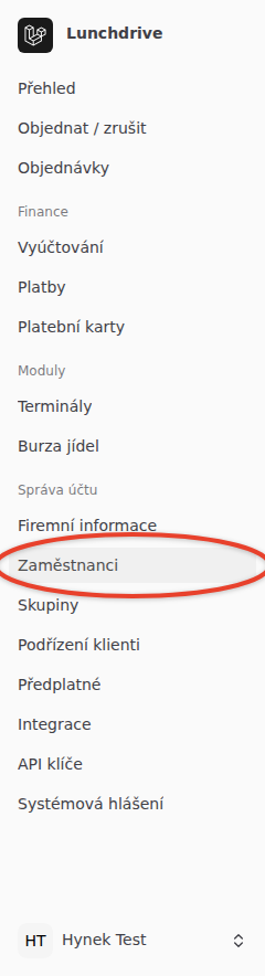 Položka Zaměstnanci v levém panelu, v části Správa účtu